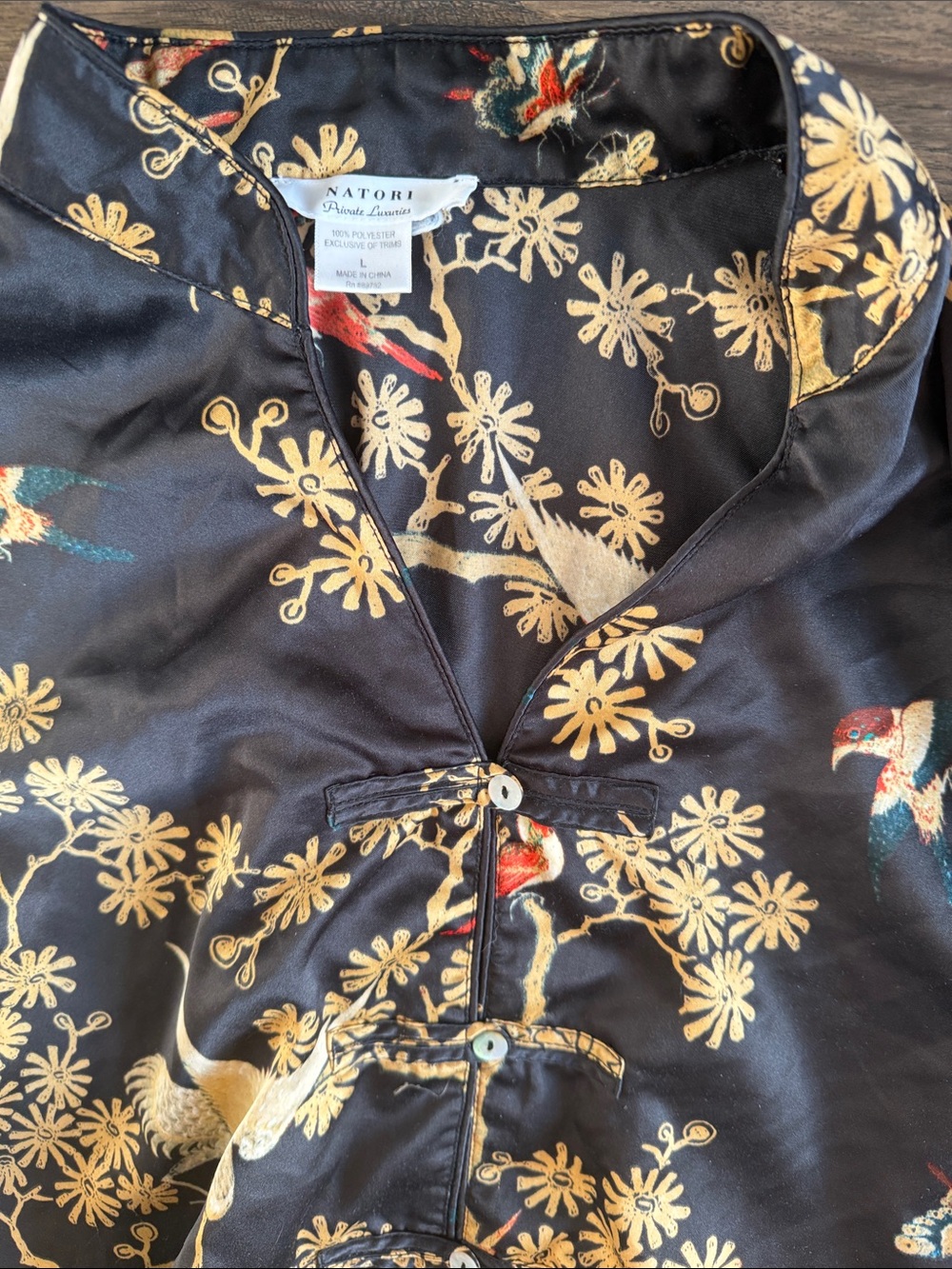 Natori Black Pajama Pants with Gold Floral & Bird Print - Picture 2 of 6